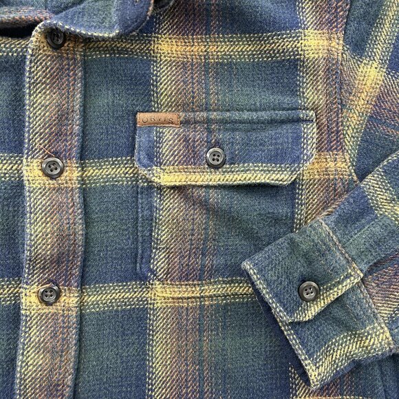 Orvis Shirt Mens Medium Blue Green Plaid Flannel Heavyweight Button Up Pockets - Picture 3 of 9